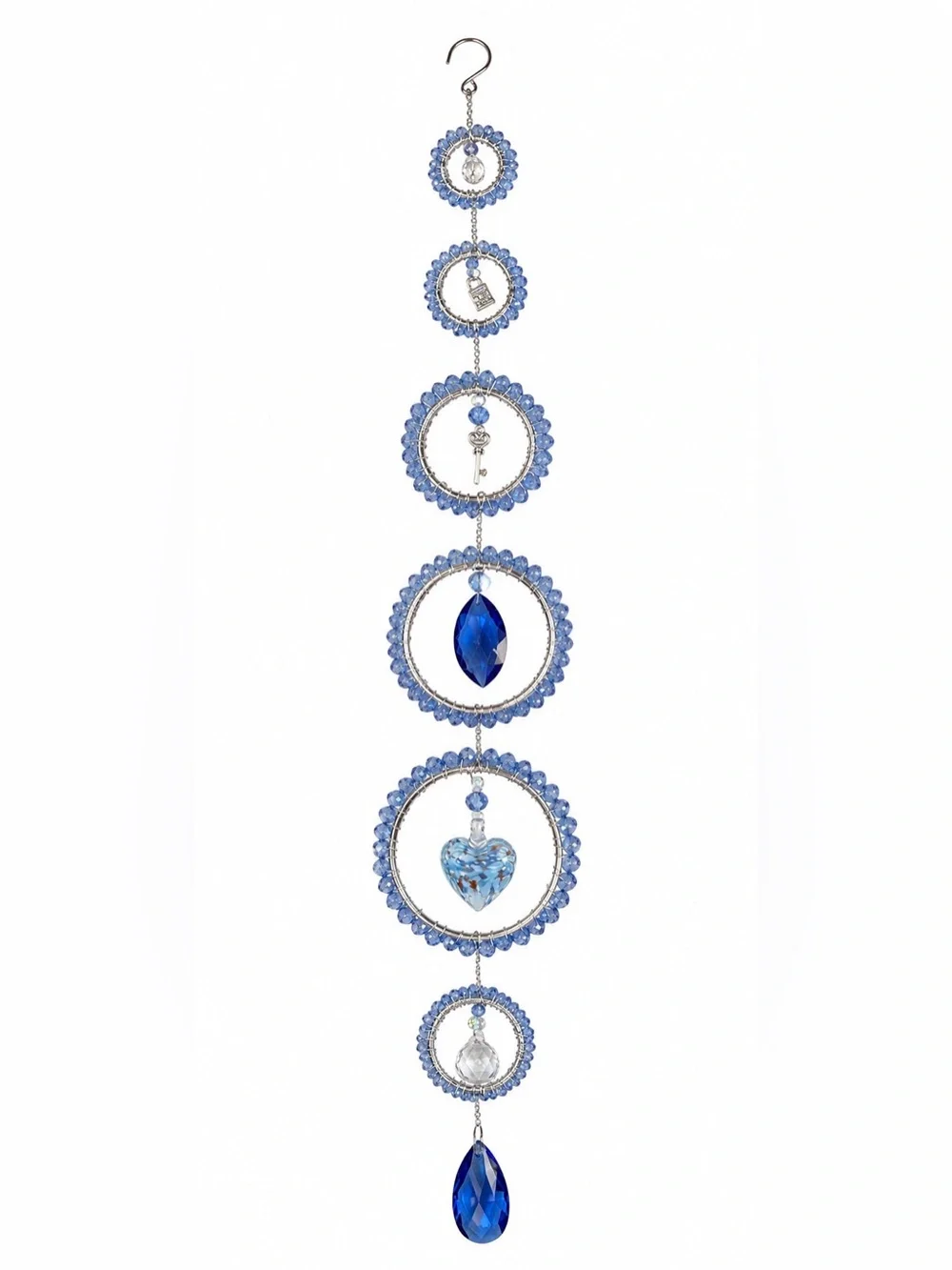 Blue Lock & Key Glass Heart Crystal Beaded Sun Catcher